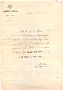 Documento esemplificativo del carteggio tra il Prof. G. Bongiovanni del Regio Liceo e Il Rettore G. Martinelli dell’Università Libera di Ferrara. 